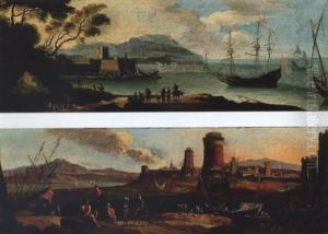 A Coastal Inlet With Figures And Moored Boats, A Town Beyond A Coastal Inlet With Figures And Moored Boats, A Town Beyond