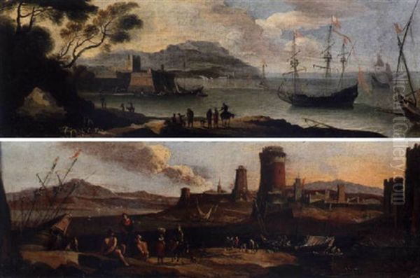 A Coastal Inlet With Figures And Moored Boats, A Town Beyond - view 1
