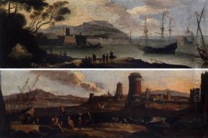 A Coastal Inlet With Figures And Moored Boats, A Town Beyond by Adriaen Van Der Cabel