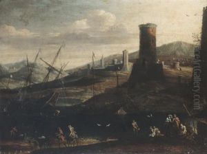 Porto Mediterraneo Con Viandante by Adriaen Van Der Cabel