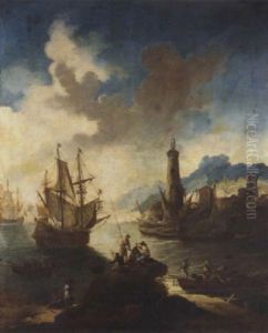 A Mediterranean Port With Fishermen In The Foreground, A Man-o'-war Offshore And A Lighthouse Beyond by Adriaen Van Der Cabel