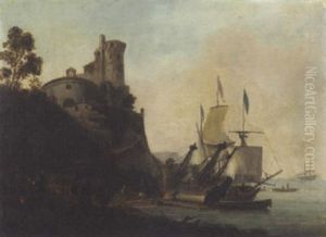 A Mediterranean Port Scene With A Ship Being Caulked by Adriaen Van Der Cabel