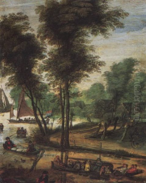 A Wooded Landscape With Peasants Travelling In A Boat Down River, Other Sailing Vessels And Cottages Beyond - view 1