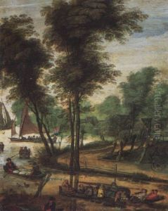 A Wooded Landscape With Peasants Travelling In A Boat Down River, Other Sailing Vessels And Cottages Beyond by Adriaen Van Der Cabel