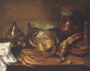 Still Life Of Cabbages, Carrots, Onions, Cooking Utensils And A Wine Bottle, Upon A Table Top by Adriaen Van Der Cabel