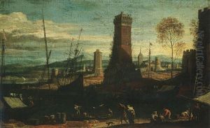 A Mediterranean Harbour Scene With Figures by Adriaen Van Der Cabel