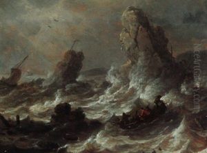 Shipping Vessels On Stormy Seas by Adriaen Van Der Cabel