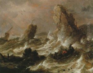 Stormigt Kustlandskap Med Bat by Adriaen Van Der Cabel