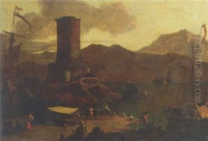 A Mediterranean Coastal Landscape With Fishermen And Merchants On A Quay By A Ruined Tower, At Sunset
