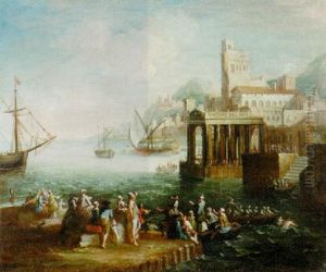 A Capriccio Of A Mediterranean Port With Figures In A Quay, Shipping Beyond by Adriaen Van Der Cabel