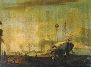 Paisaje De La Costa Mediterranea Con Barcos De Pescadores En La Playa Y Pescadores Reparando Un Barco by Adriaen Van Der Cabel