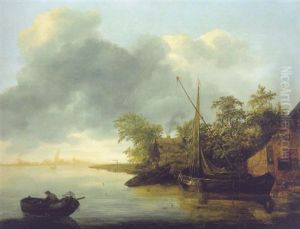 A River Landscape With Sailboats Moored By A Bank, Houses Nearby, A Town Beyond