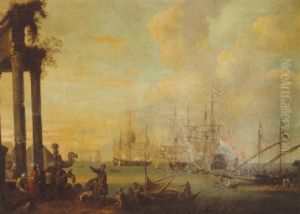 A Coastal Landscape With Merchants And Travellers By A Ruined Arch, Dutch Men-o-war And Other Shipping Moored In A Calm Beyond