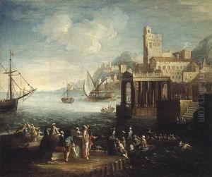 A Capriccio Of A Mediterranean Port With Figures On A Quay, Shipping Beyond by Adriaen Van Der Cabel