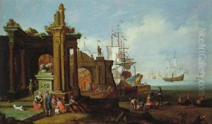 Sudliche Hafenstadt Mit Segelschiffen Und Vielen Figuren by Adriaen Van Der Cabel