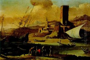 Kustenlandschaft Mit Schiffen Und Einem Turm by Adriaen Van Der Cabel