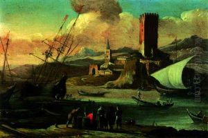 A Mediterranean Harbour With Stevedores On The Shore, A Town Beyond