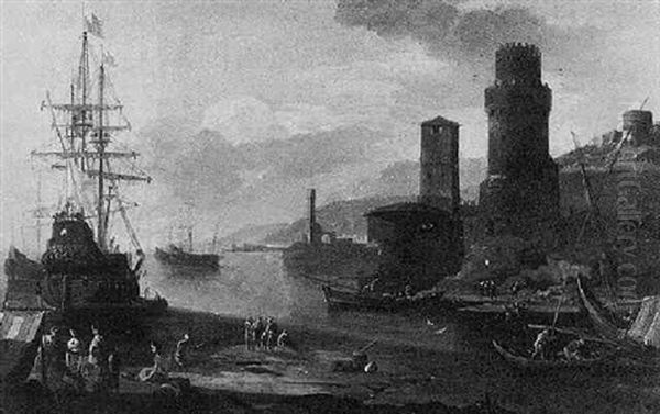 A View Of An Italianate Harbour With Fishing Vessels Moored Near A Landing Stage By A Tower - view 1