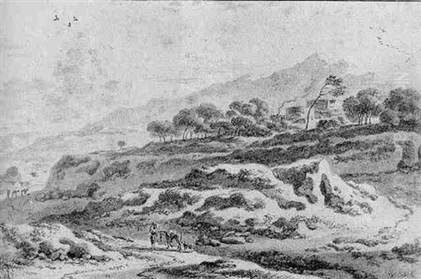 A Mountainous Landscape With A Washerwoman With A Donkey And A Dog - view 1