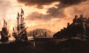 A Dutch Merchant Flute And Other Vessels Anchored Off A Rocky Cove by Adriaen Van Der Cabel