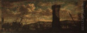 View Of A Town, A Port Beyond by Adriaen Van Der Cabel