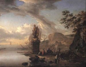 Mediterranean Coast With Travellers By A Statue Of A Warrior