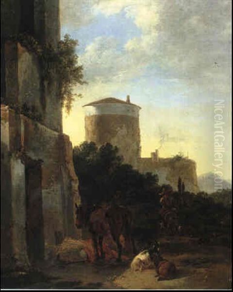 A Horse Tethered By Some Hay, A Peasant Mounted On A Donkey Behind - view 1