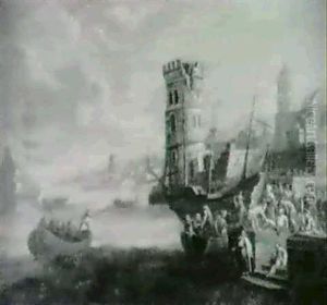 A Mediterranean Seaport With Merchants And Other Figures On A Quay by Adriaen Van Der Cabel