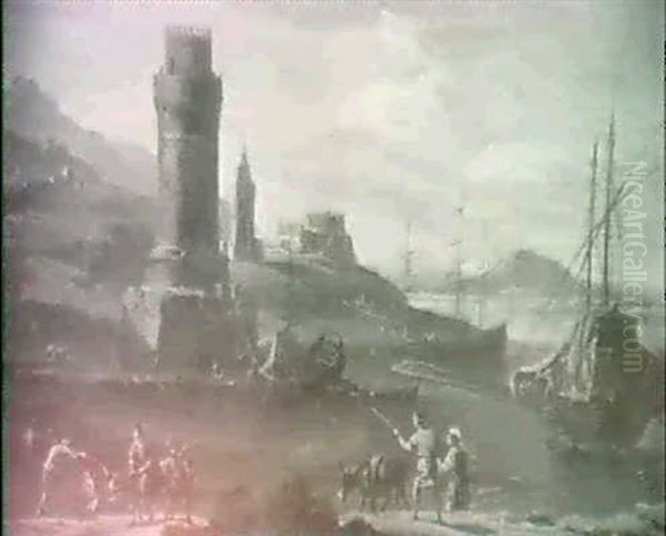Capriccios Of Mediterranean Inlets, A Galley And A Man-     Of-war By A Fortified Watch Tower & Peasants In Foreground - view 1