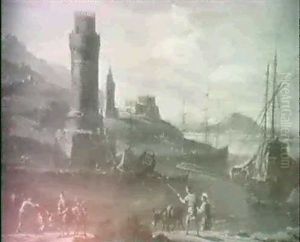 Capriccios Of Mediterranean Inlets, A Galley And A Man-     Of-war By A Fortified Watch Tower & Peasants In Foreground