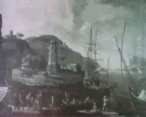 Porto Di Mare Con Faro E Figure