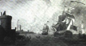 Two Man-o-wars And Other Vessels Off A Harbour Fort