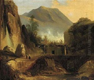 Figures On A Track By A Riverside Cottage by Vincenzo Cabianca