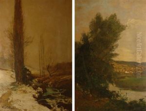 Paysage De Neige A La Riviere Et Paysage Boise A La Riviere (pair) by Louis Alexandre Cabie
