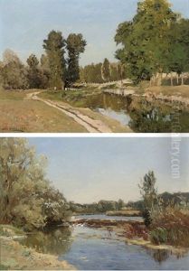 At The Weir (+ Angling On The River Bank; Pair) by Louis Alexandre Cabie