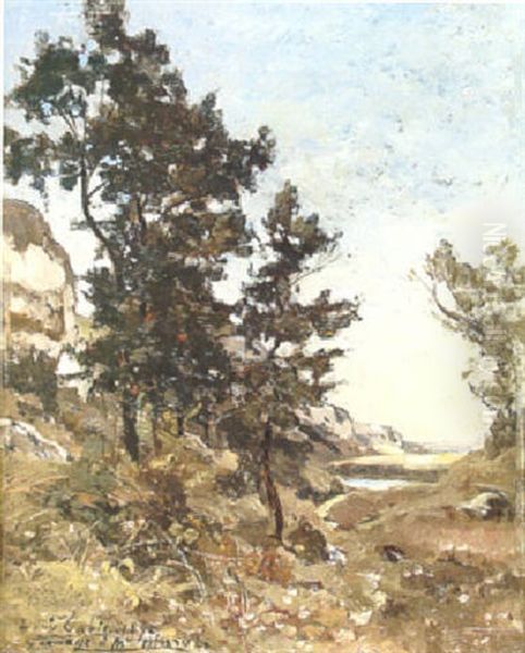 A Landscape With An Outcrop And Trees In The Foreground And A River Beyond - view 1