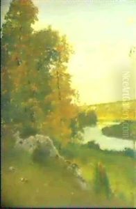 Flusslandschaft Mit Bewaldetem Ufer Flusslandschaft Mit Bewaldetem Ufer