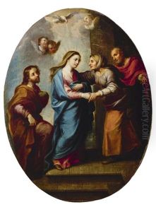 La Visitacion De La Virgen Maria A Su Prima Isabel, Con San Jose Y Zacarias by Miguel Cabrera