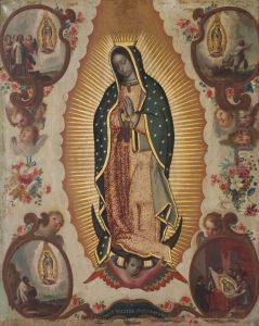 Virgen De Guadalupe Con Cartelas De Las Cuatro Apariciones, Flores Y Angeles