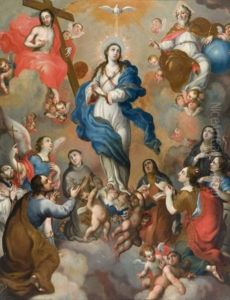 Vierge De Gloire Entre Le Christ Et Dieu Le Pere, Entoures De Saints by Miguel Cabrera