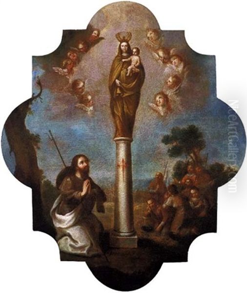 Apostol Santiago Adorando A La Virgen Con El Nino En La Columna, Sobre Un Fondo De Paisaje Con Una Ciudad Y Un Grupo De Peregrinos - view 1
