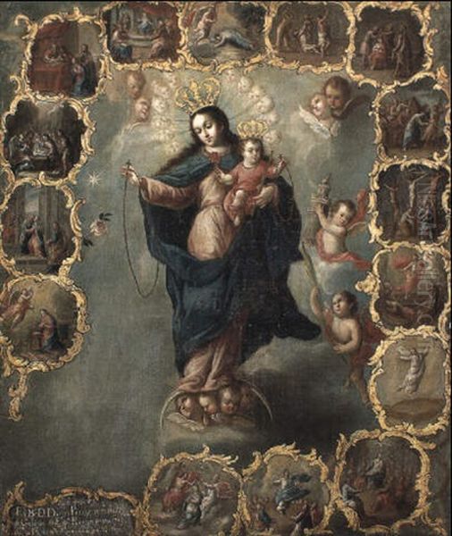 The Immaculate Conception With The Fifteen Mysteries Of The Rosary by Miguel Cabrera