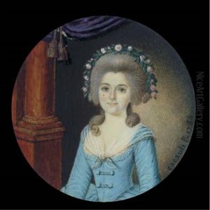 A Young Lady In Turquoise Silk Dress With Fichu Scarf Tied At Corsage, A Garland Of Pink Roses In Her Long Powdered Hair Falling In Curls Over Her Shoulders; Draped Blue Curtain And Pillar Background
