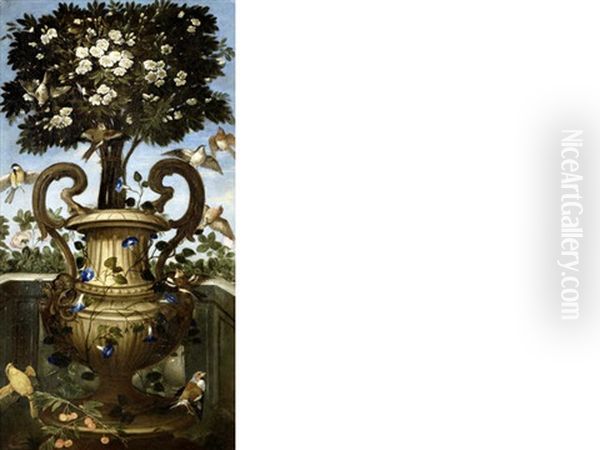 An Ornamental Tree In An Urn Draped In Morning Glory, With A Chaffinch, Goldfinch, Great Tit, Robin And Various Other Birds (+ A Rose Bush In An Urn With A Goldfinch, Blackbird, Bullfinch And Other Various Birds; Pair) - view 1