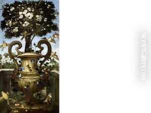 An Ornamental Tree In An Urn Draped In Morning Glory, With A Chaffinch, Goldfinch, Great Tit, Robin And Various Other Birds (+ A Rose Bush In An Urn With A Goldfinch, Blackbird, Bullfinch And Other Various Birds; Pair) An Ornamental Tree In An Urn Draped In Morning Glory, With A Chaffinch, Goldfinch, Great Tit, Robin And Various Other Birds (+ A Rose Bush In An Urn With A Goldfinch, Blackbird, Bullfinch And Other Various Birds; Pair)