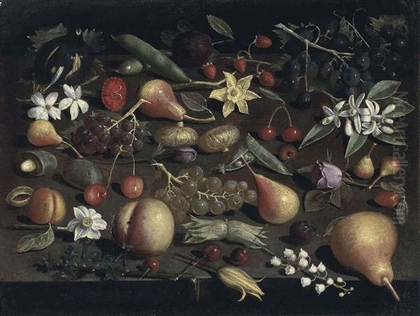 Strawberries, Pears, Peas, A Peach, A Fig, An Apricot, Grapes, Cherries, Hazelnuts, A Carnation, A Daffodil, Jasmine, A Rose, Lilly-of-the-valley - view 1