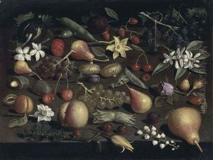 Strawberries, Pears, Peas, A Peach, A Fig, An Apricot, Grapes, Cherries, Hazelnuts, A Carnation, A Daffodil, Jasmine, A Rose, Lilly-of-the-valley