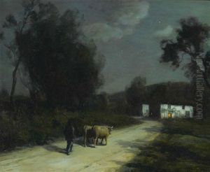 A Figure Herding A Pair Of Oxen By Moonlight