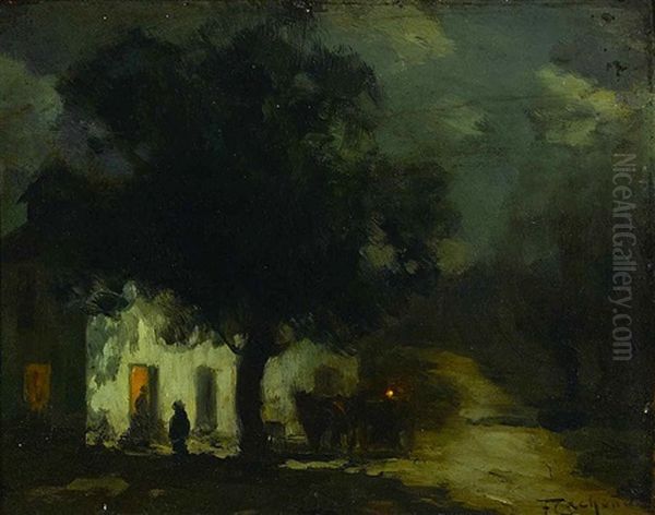 A Moonlit Scene With A Figure And A Cow Watering At A Pond; A Nocturnal Scene With Figures In Front Of An Inn (2) - view 1