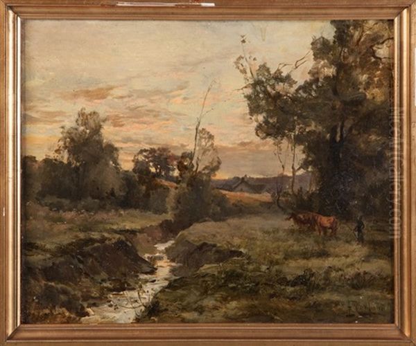 Berger Et Vaches En Bord De Riviere - view 1